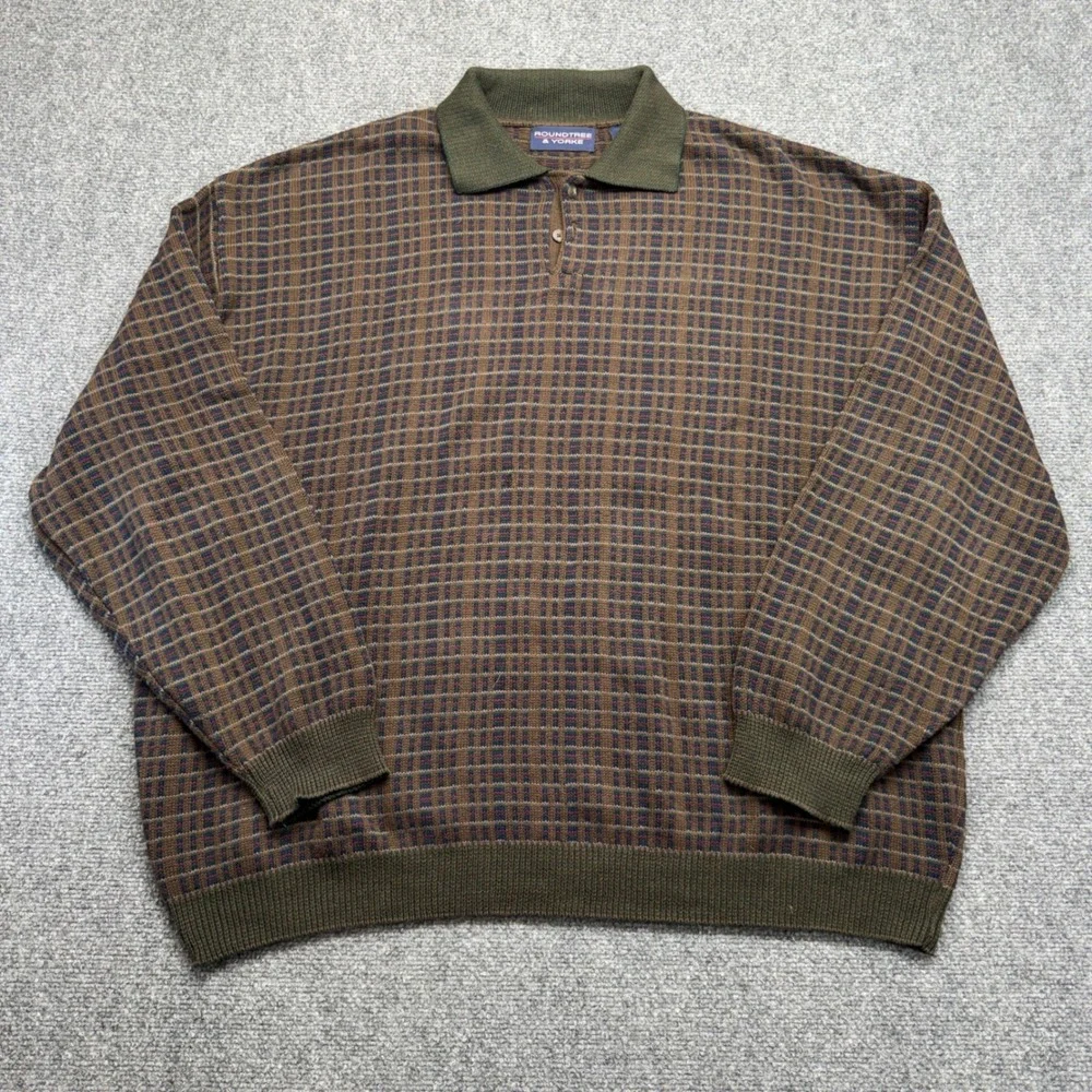Roundtree & Yorke Mens XXL Cotton Knit Polo Sweater Brown Plaid Vintage USA Made